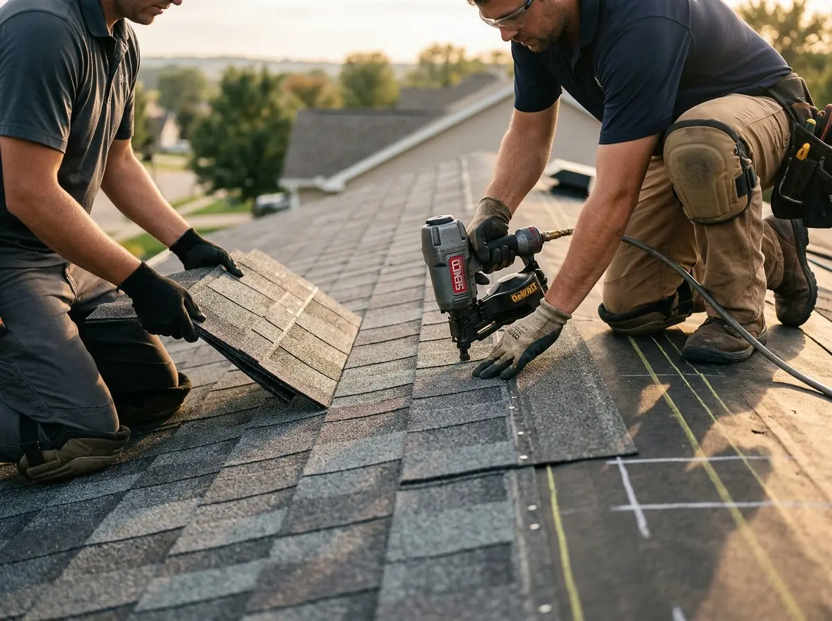 Professional roofer working on a residential roof in West Hempfield